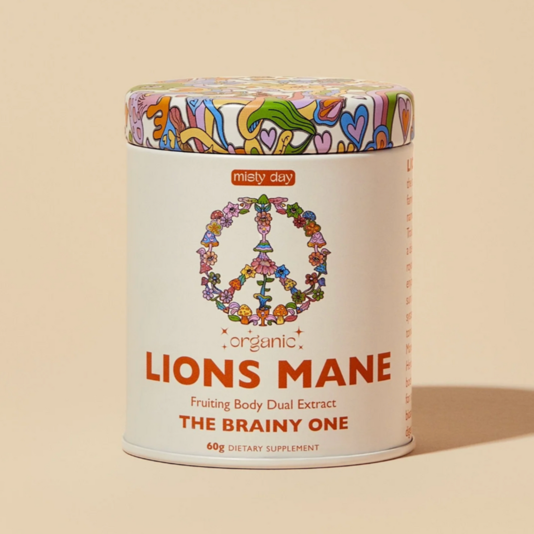 A tin of Lions Mane powder by Misty Day. 