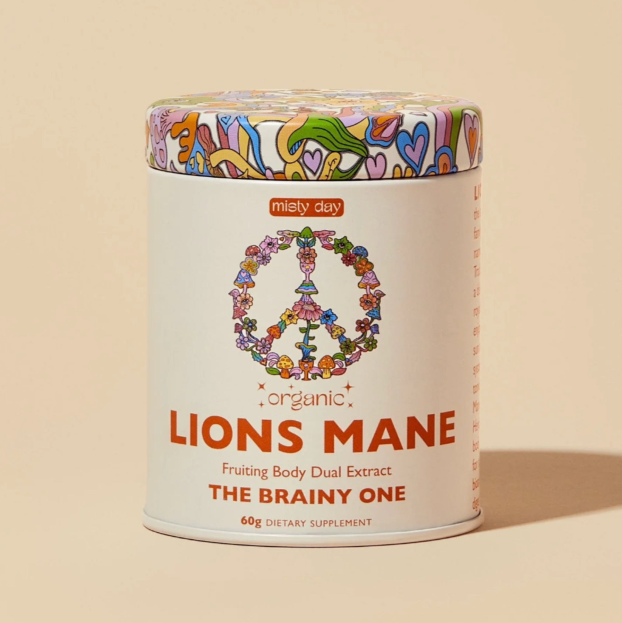 A tin of Lions Mane powder by Misty Day. 