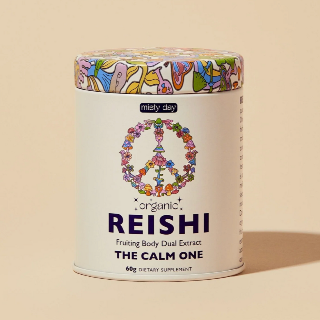 A tin of reishi powder by Misty Day. 