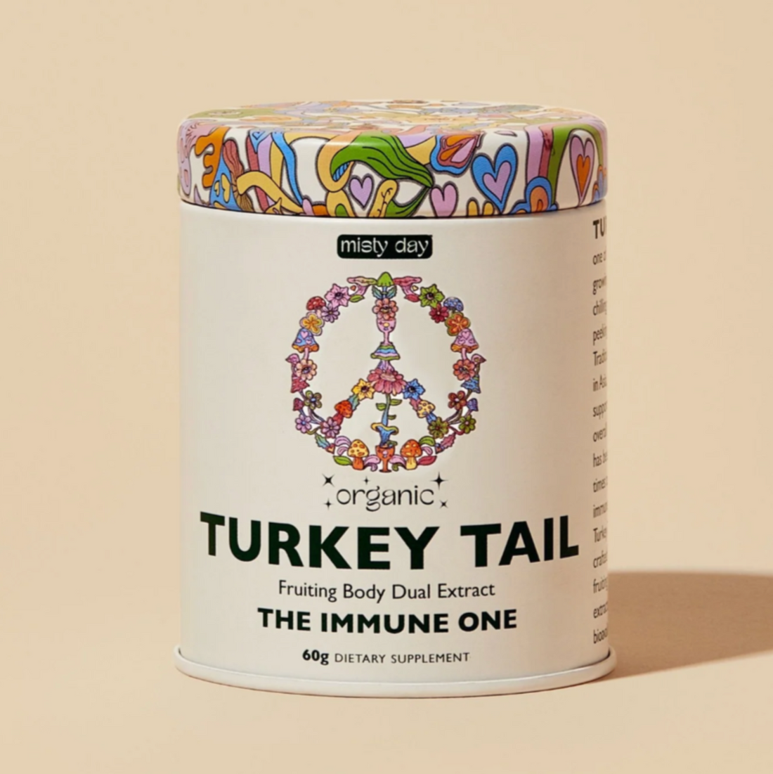 A tin of Turkey Tail powder by Misty Day. 