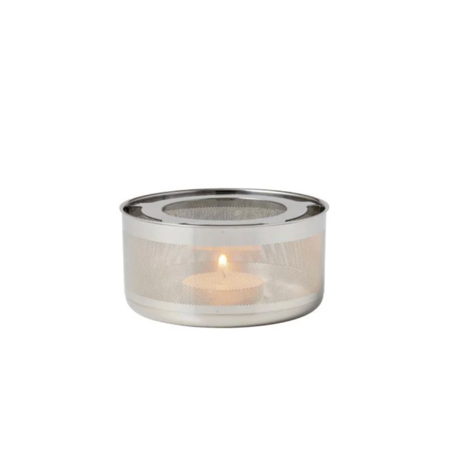 Metal candle holder tea warmer with a lit candle inside on a white background