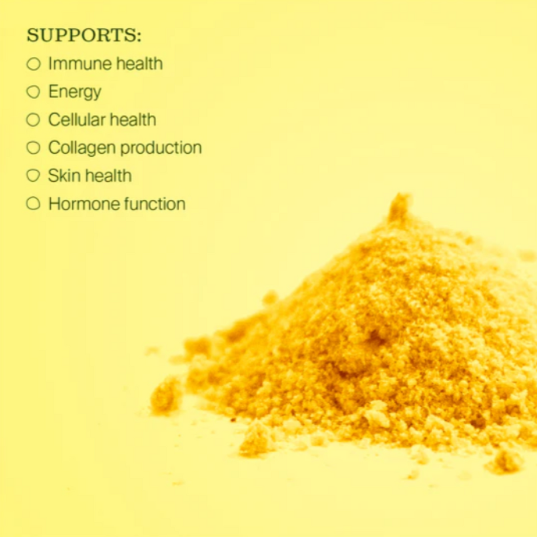 Vitamin C powder with health benefits listed on a yellow background