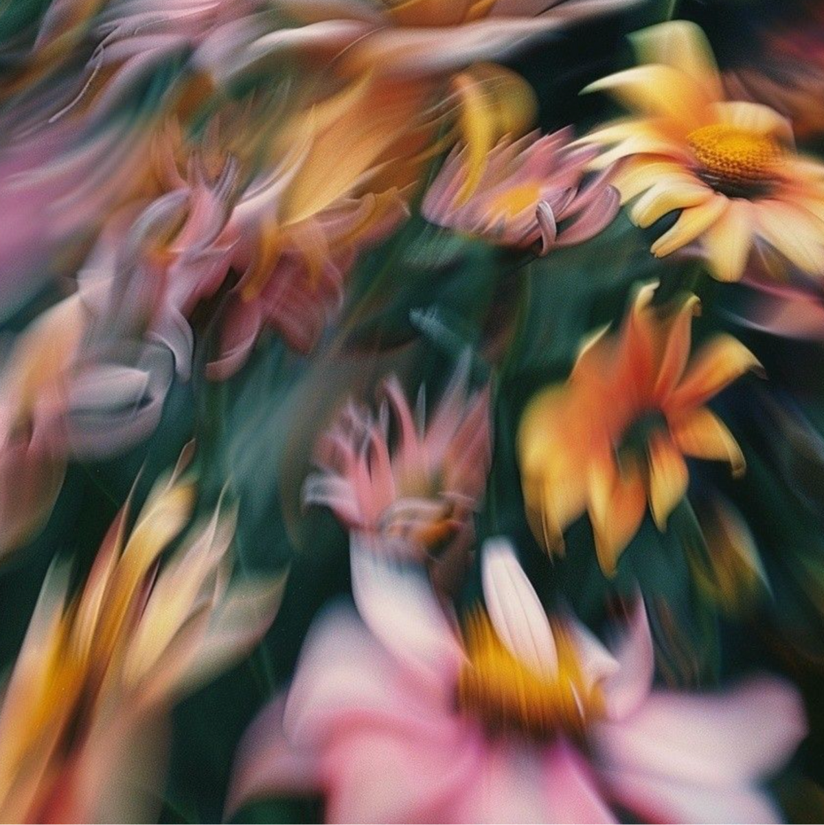 Blurred colorful flowers with a focus on pink and yellow hues.