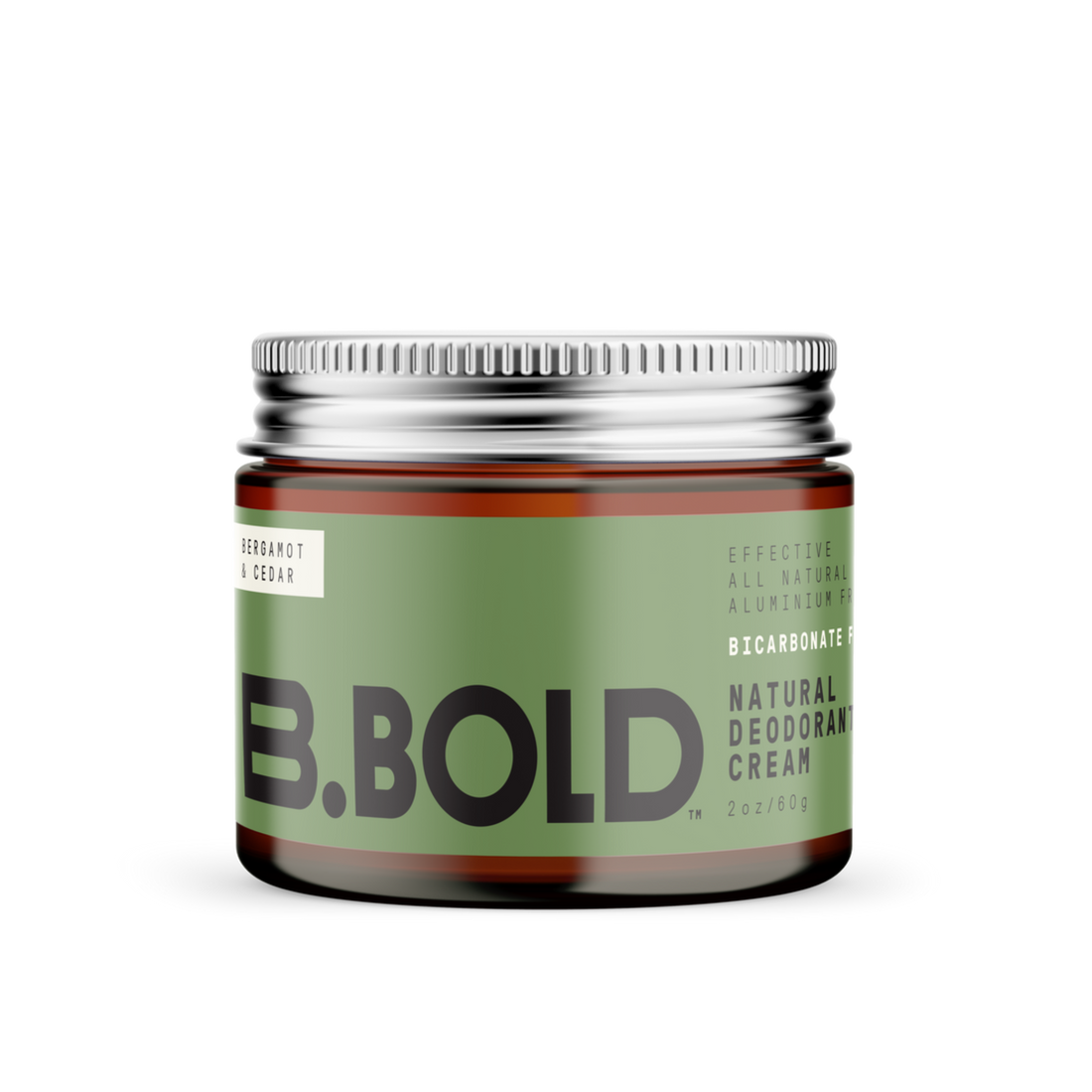 Amber glass jar with aluminium lid containing natural deodorant cream.