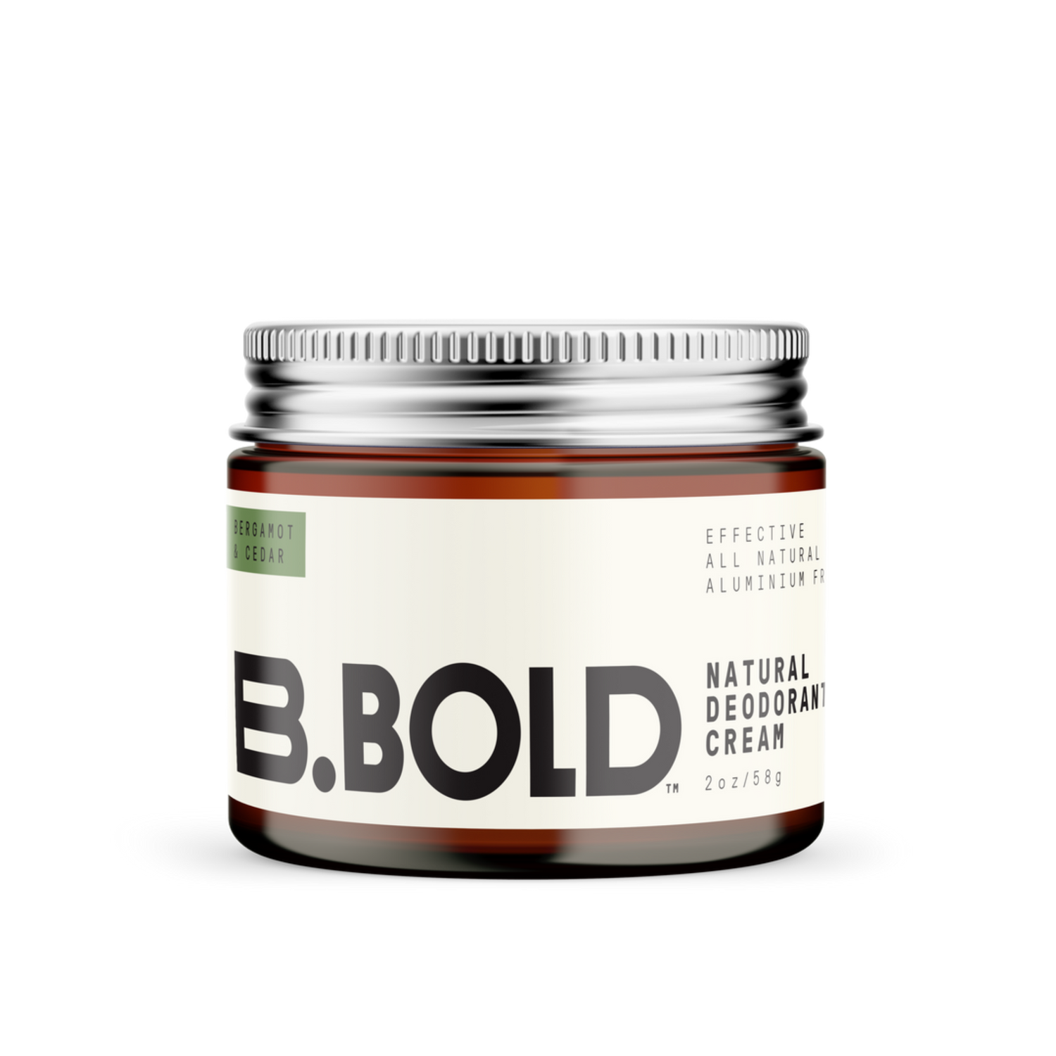 Amber glass jar with aluminium lid containing natural deodorant cream.
