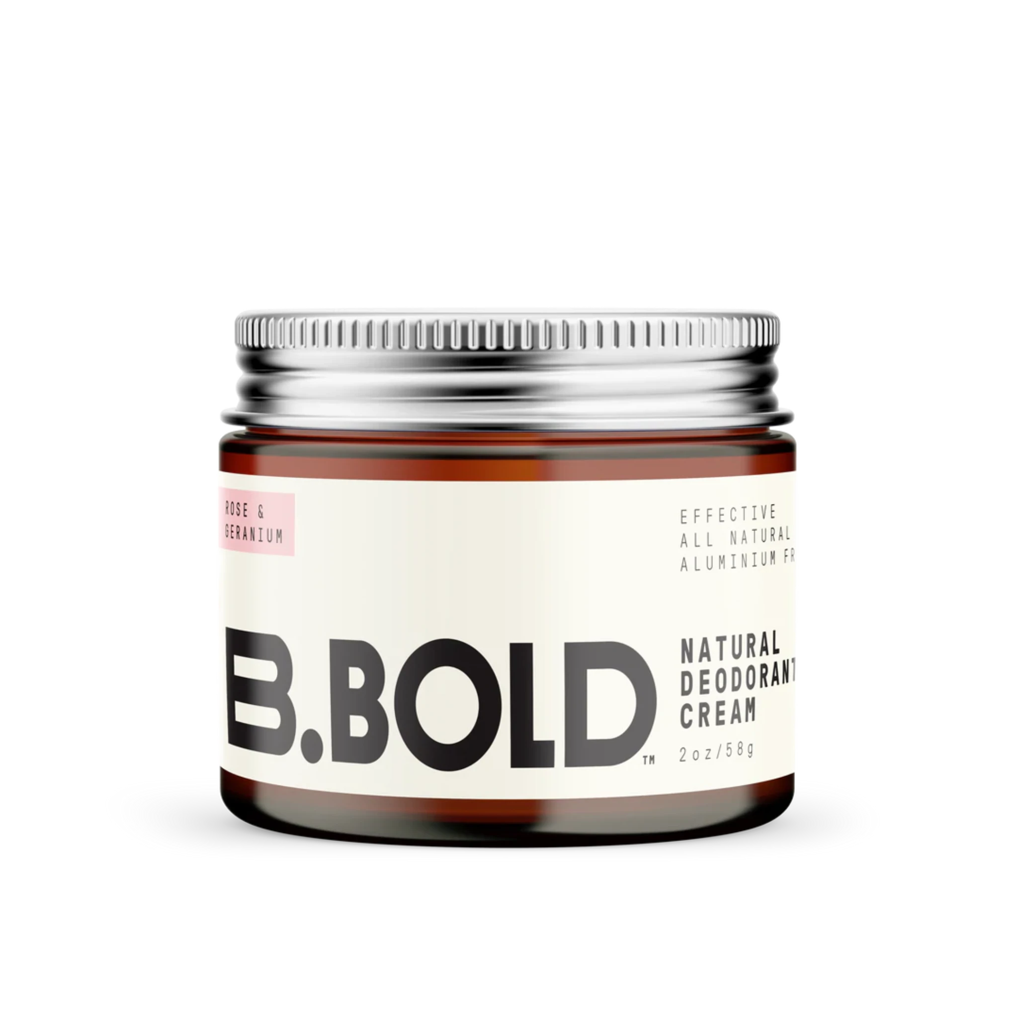 Amber glass jar with aluminium lid containing natural deodorant cream.
