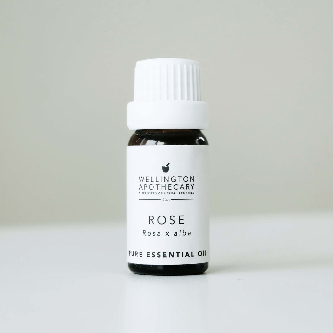 Small bottle of rose essential oil on white bench with soft grey background. 