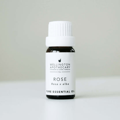 Small bottle of rose essential oil on white bench with soft grey background. 