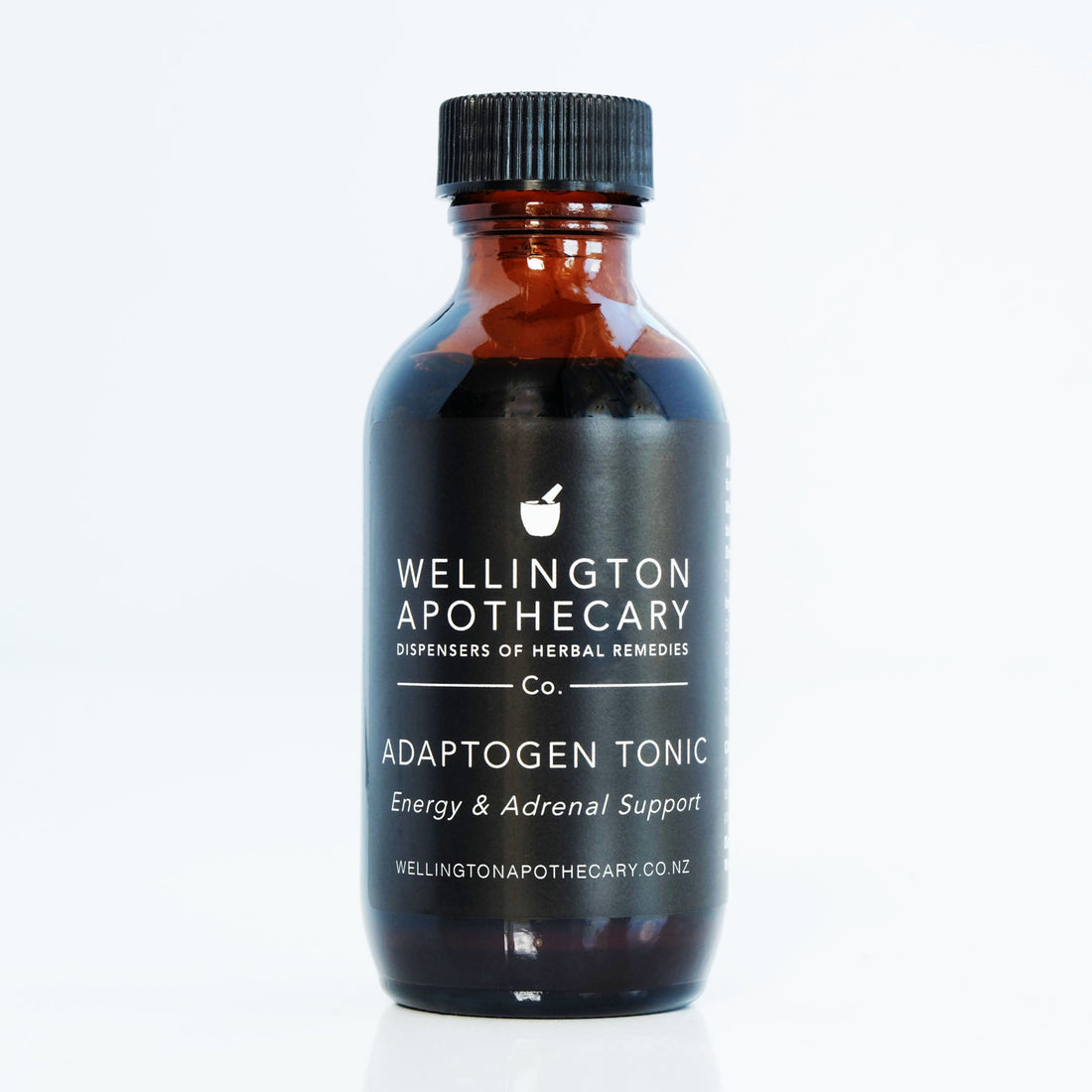An amber glass bottle of Adaptogen Tonic for stress, energy and adrenal support.