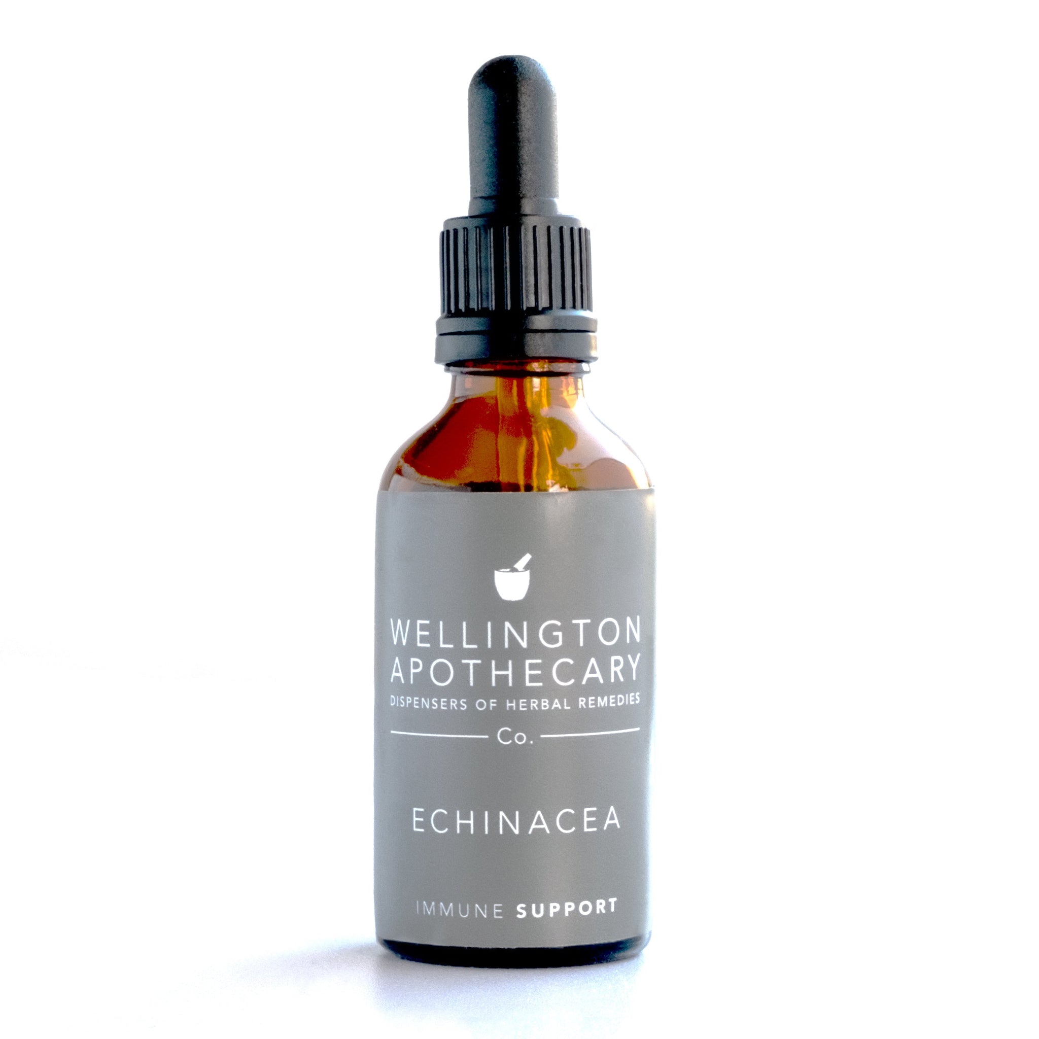 An amber glass bottle of Echinacea Immune Support Tonic. 