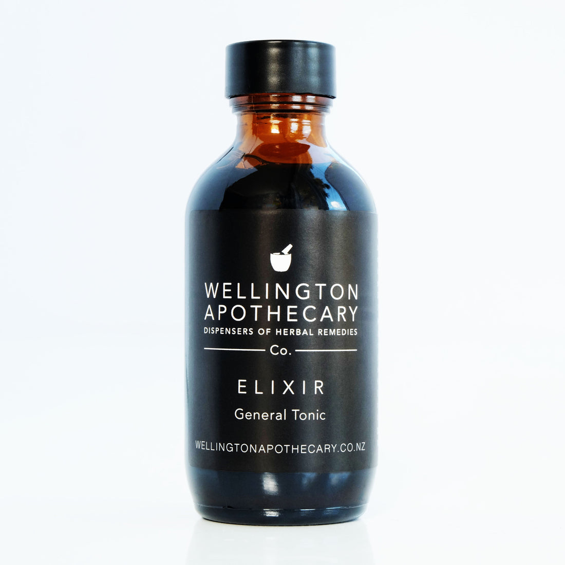 An amber glass bottle of Elixir general energy tonic. 