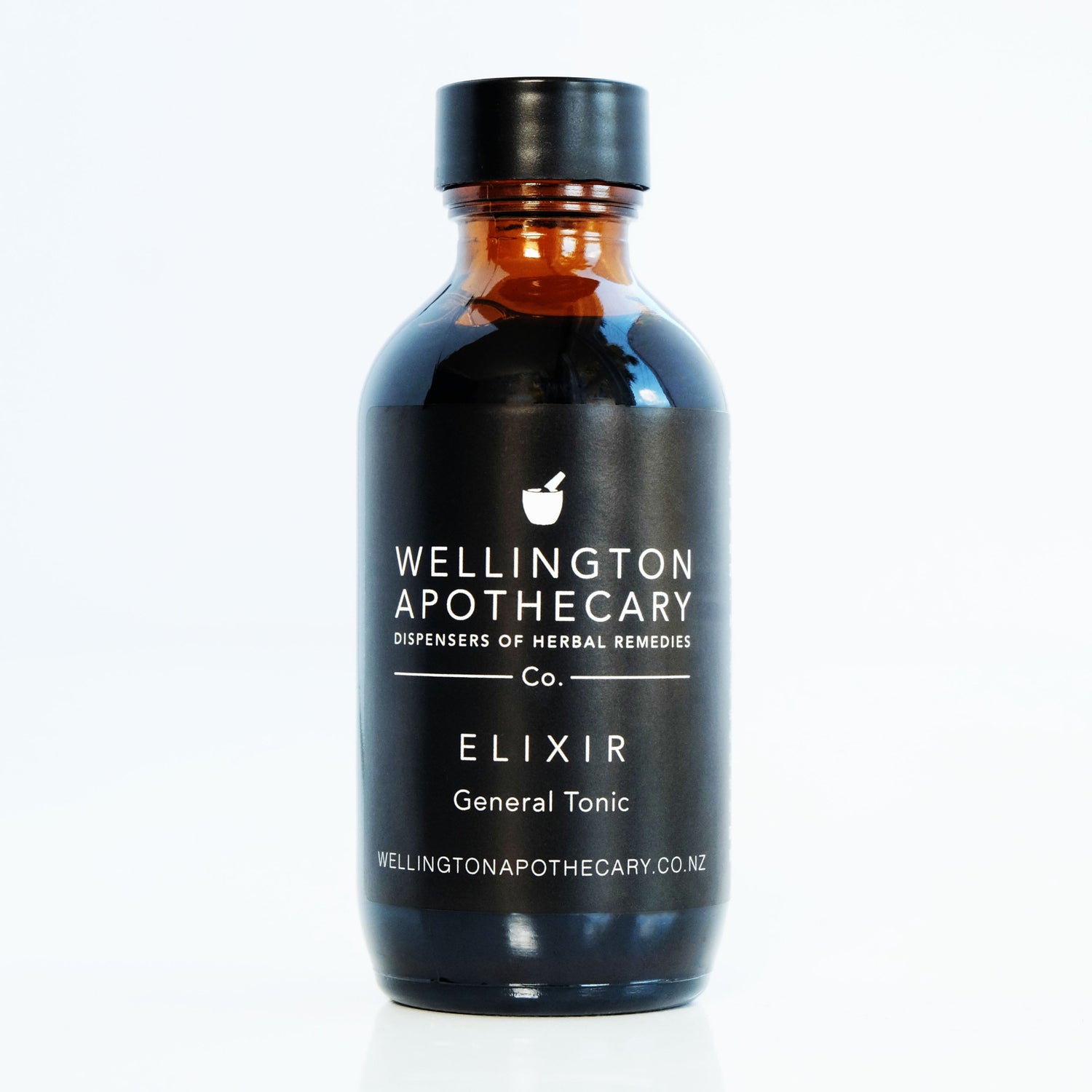 An amber glass bottle of Elixir general energy tonic. 