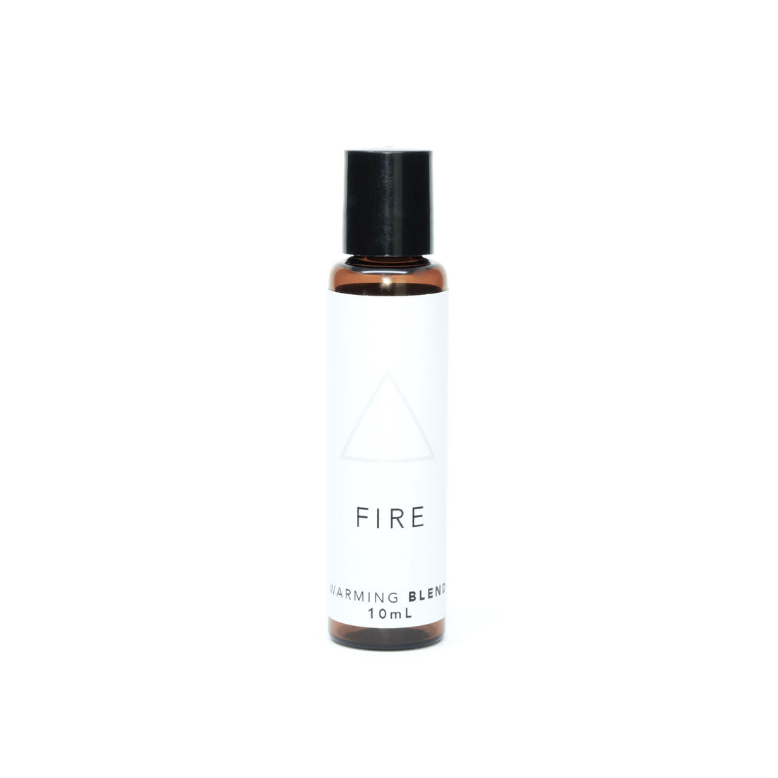 A small amber glass bottle of Fire aromatherapy blend on bright white background.