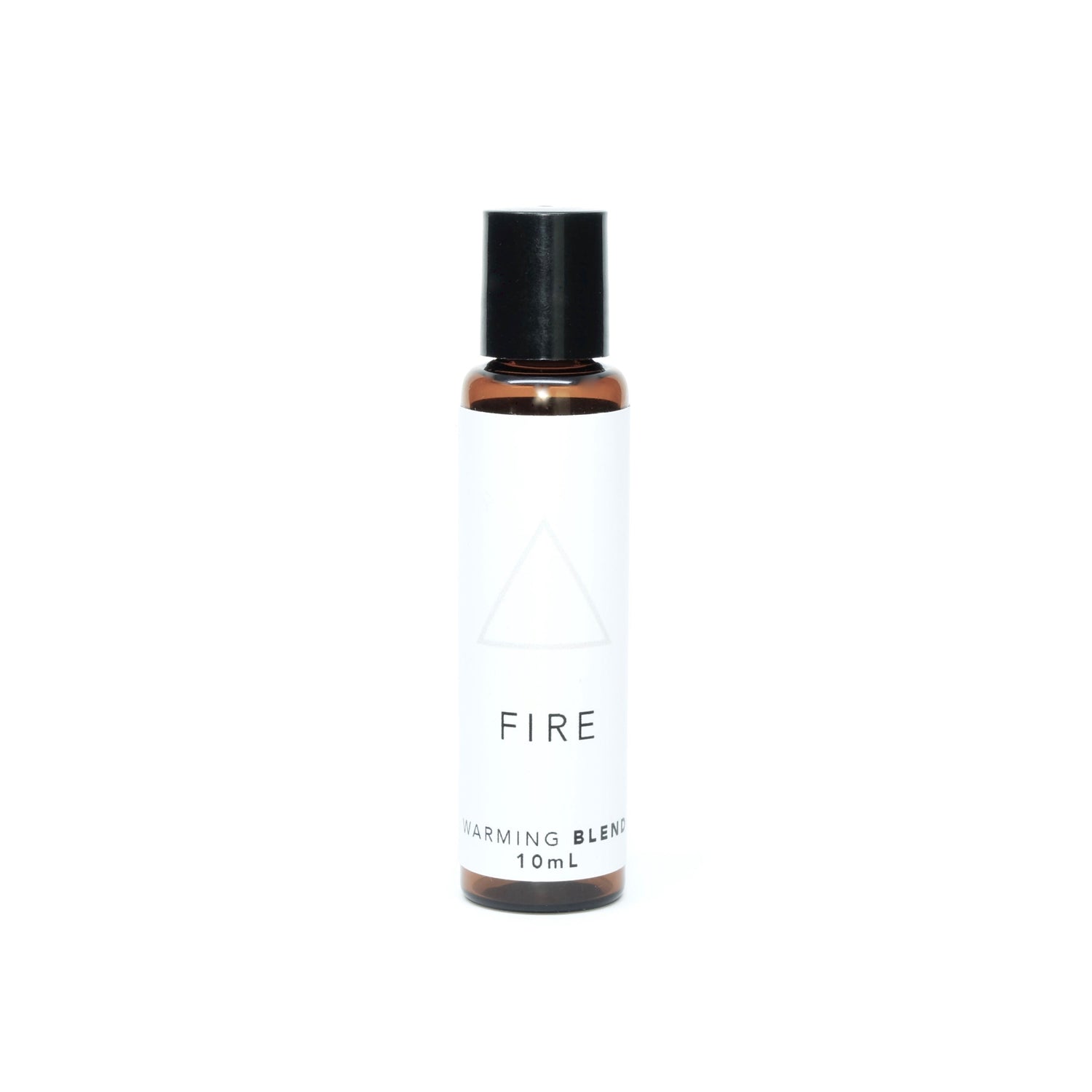 A small amber glass bottle of Fire aromatherapy blend on bright white background. 