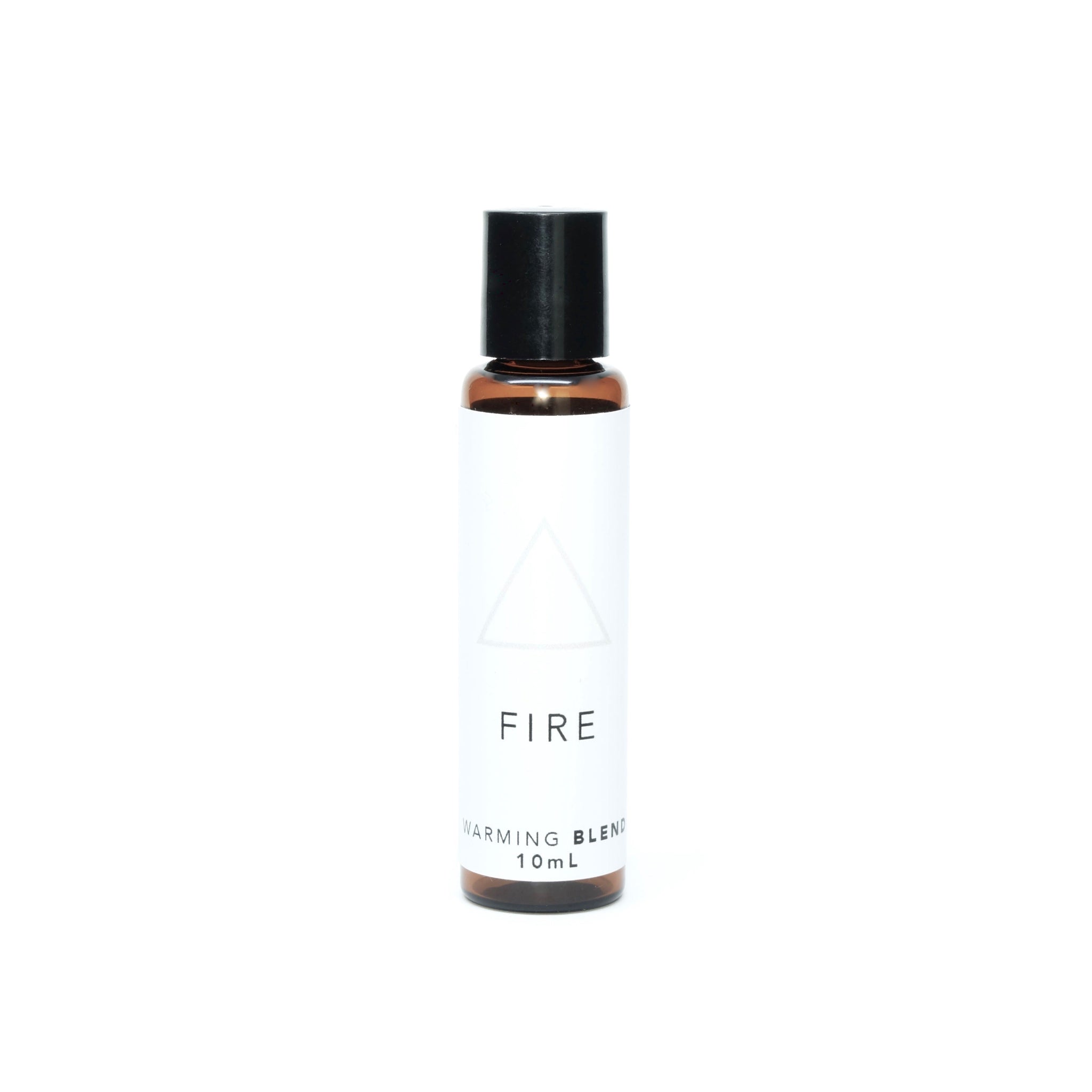 A small amber glass bottle of Fire aromatherapy blend on bright white background. 