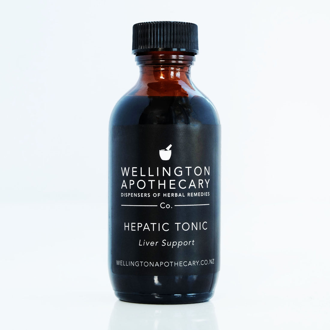 An amber glass bottle of Hepatic Tonic for Liver Support. 