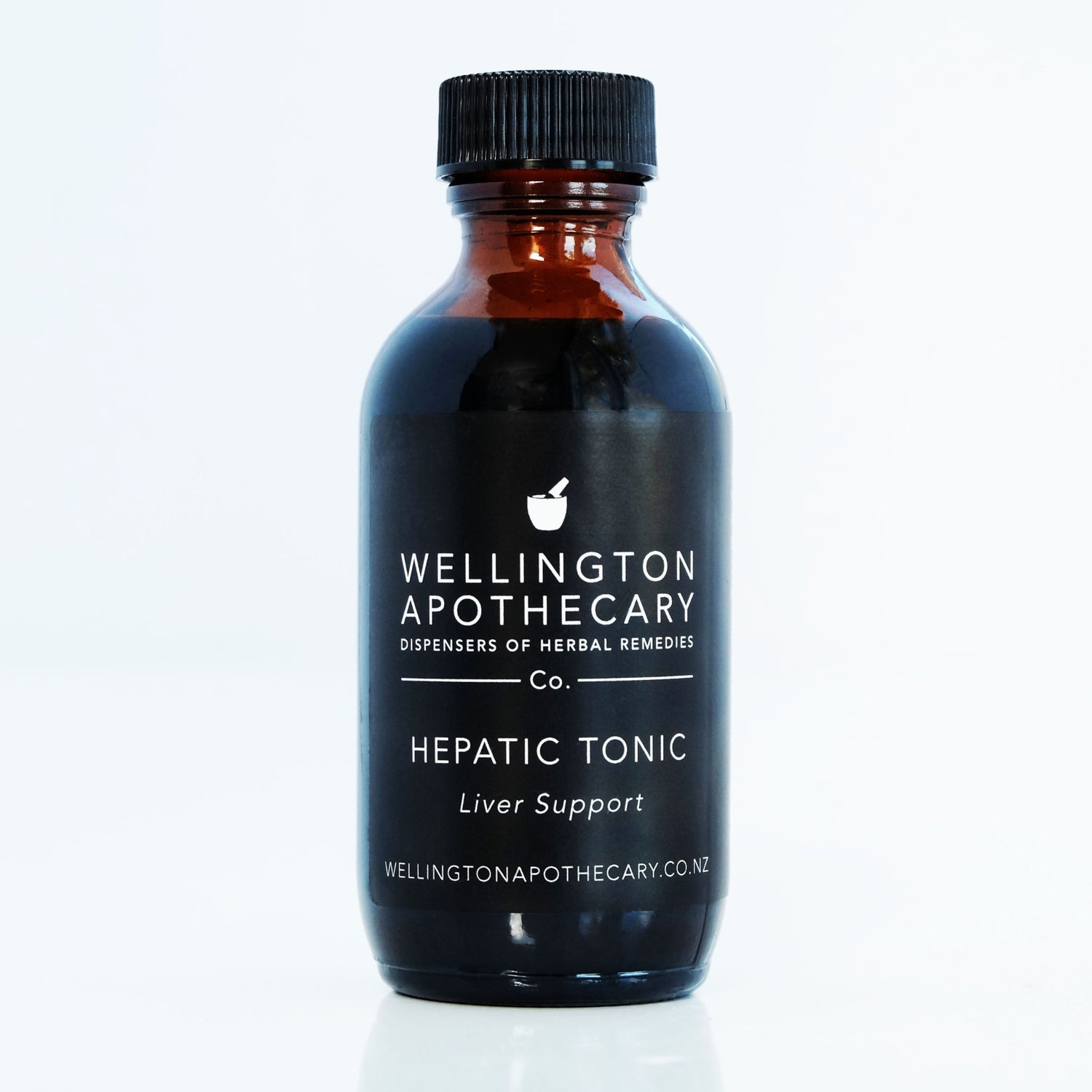 An amber glass bottle of Hepatic Tonic for Liver Support. 