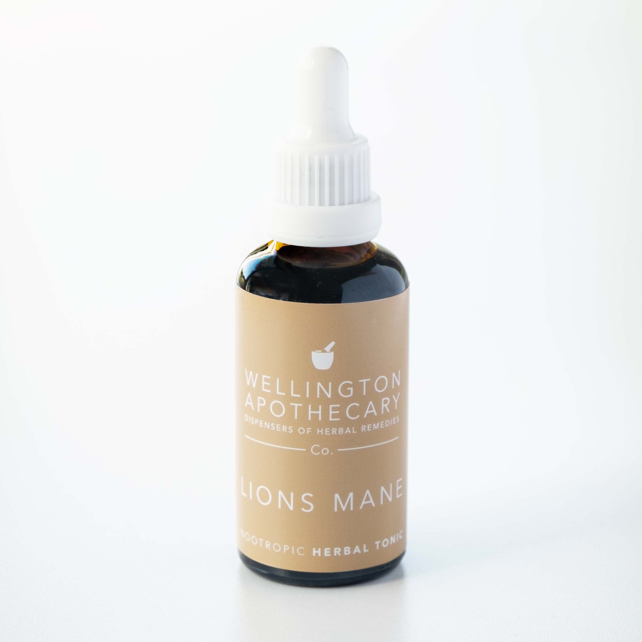 A bottle of Lions Mane tonic with white dropper top. 