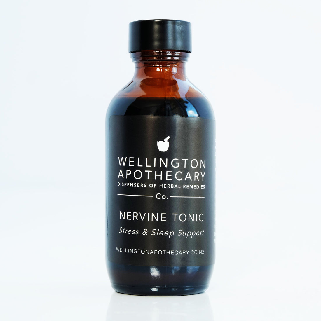 An amber glass bottle of Nervine Tonic for sleep and stress support. 