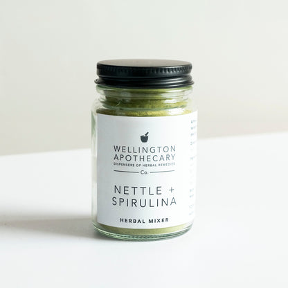 A glass jar of Nettle and Spirulina herbal mixer.