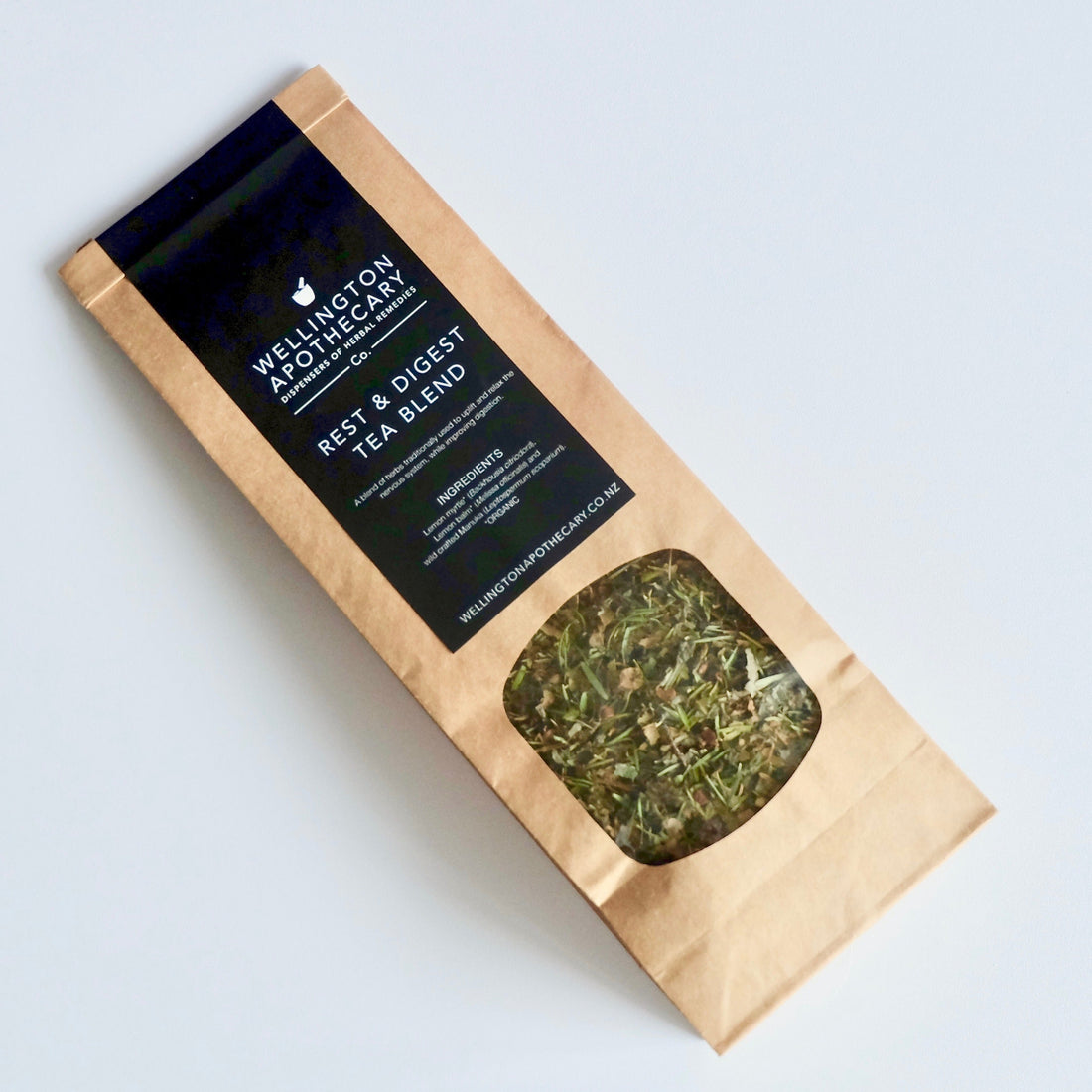 A paper bag with the Rest and Digest herbal tea blend. 