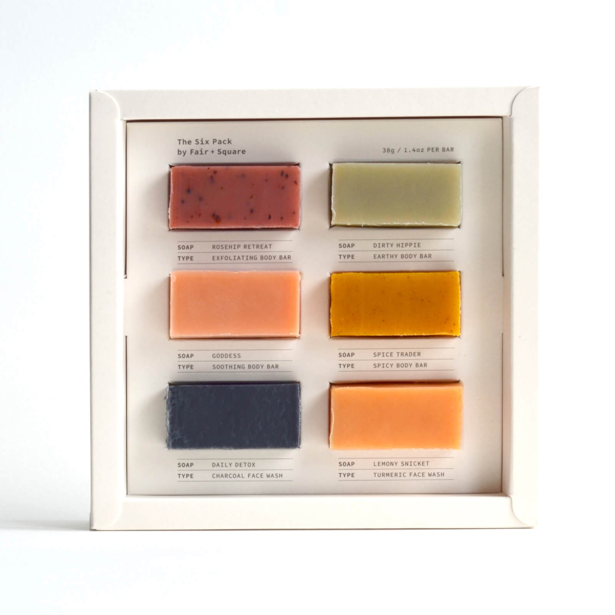A gift box containing 6 colourful soaps made by Fair + Square. 