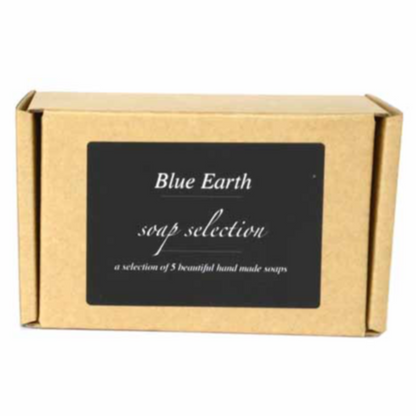 Cardboard box of five Blue Earth soap bars. 