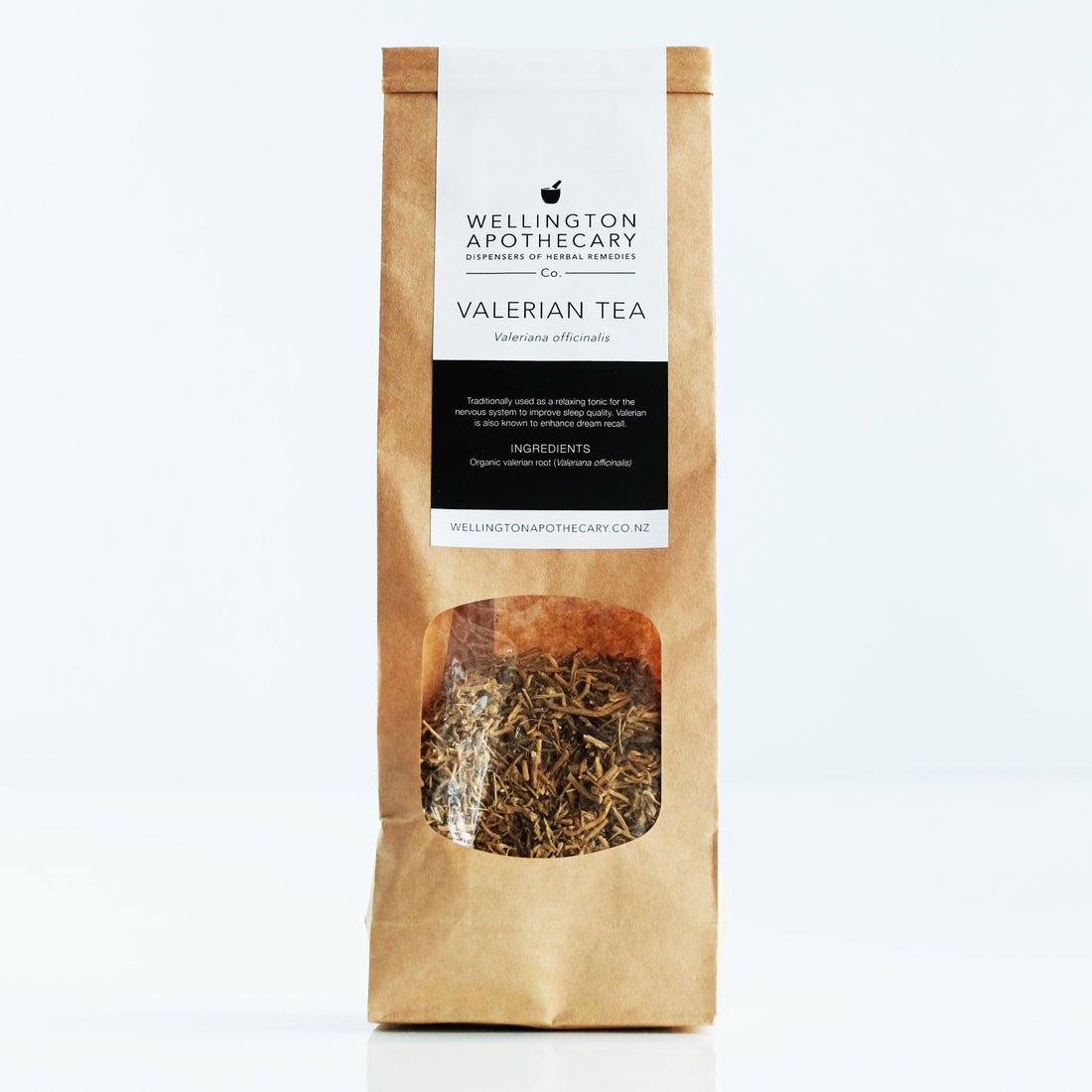 A brown paper tin tie bag of Valerian Root tea. 