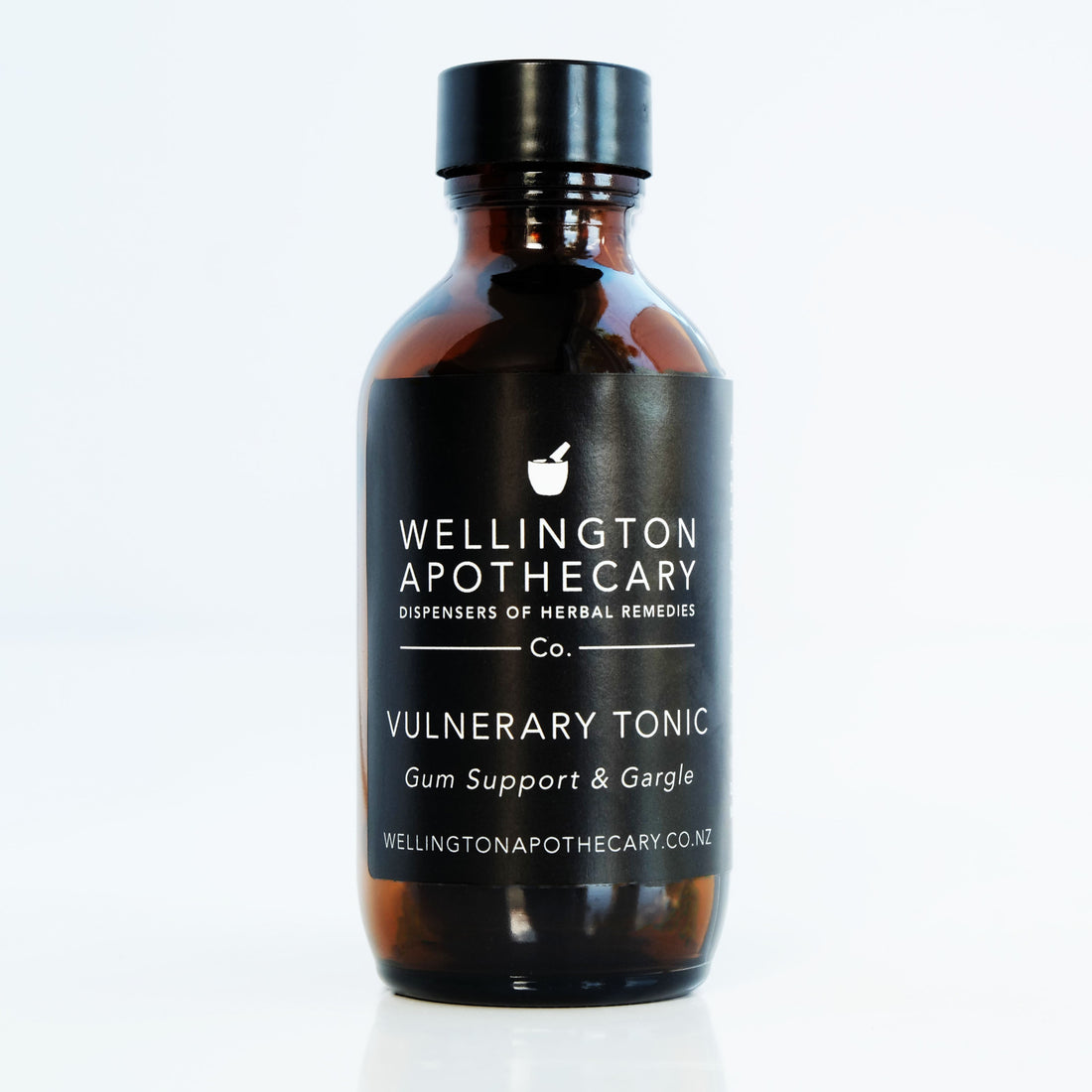 An amber glass bottle of Vulnerary Tonic for gum support and as a gargle for sore throats. 